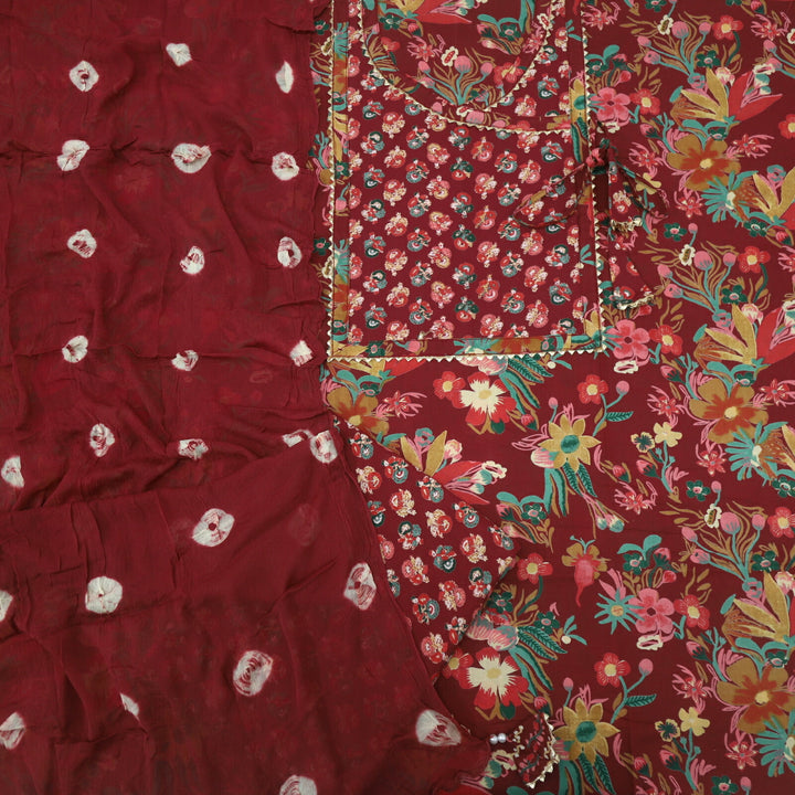 Mughal Carmine Red Floral Printed Angrakha Cotton Top with Bandhani Print Chiffon Dupatta Set