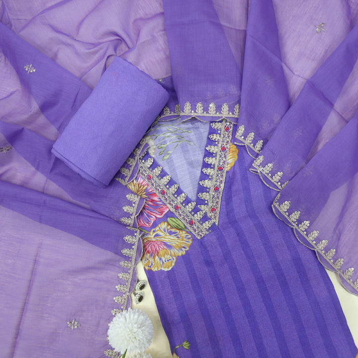 Purjosh Publish Blue Floral Muslin Top With Chanderi Silk Dupatta Set