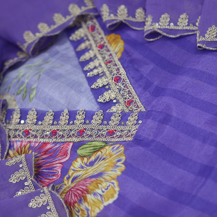 Purjosh Publish Blue Floral Muslin Top With Chanderi Silk Dupatta Set