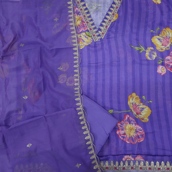 Purjosh Publish Blue Floral Muslin Top With Chanderi Silk Dupatta Set