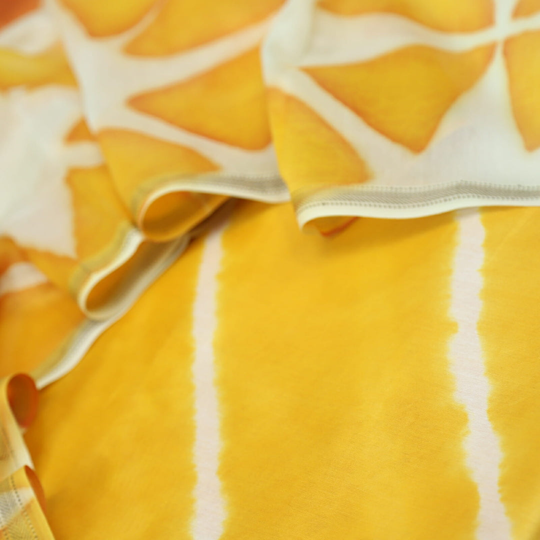 Mohataaz Butterscotch Yellow Stripe Printed Maheshwari Top with Dupatta Set