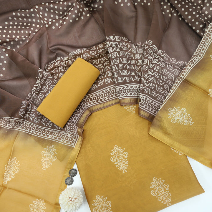Mohataaz Mustard Yellow Printed Maheshwari Top With Dupatta Set