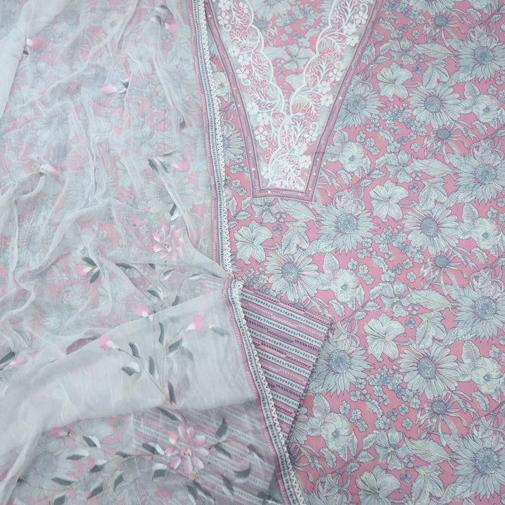 Ruhaaniyat Rosy Pink V Neck Lace Work Floral Printed Cotton Top with Hand Painted Chiffon Dupatta Set