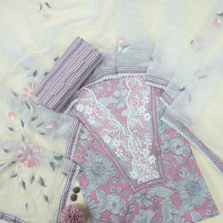 Ruhaaniyat Rosy Pink V Neck Lace Work Floral Printed Cotton Top with Hand Painted Chiffon Dupatta Set