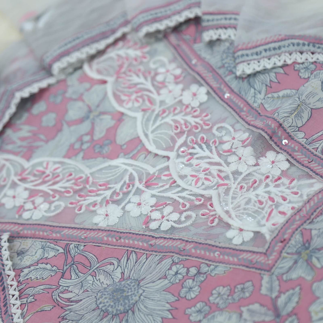 Ruhaaniyat Rosy Pink V Neck Lace Work Floral Printed Cotton Top with Hand Painted Chiffon Dupatta Set