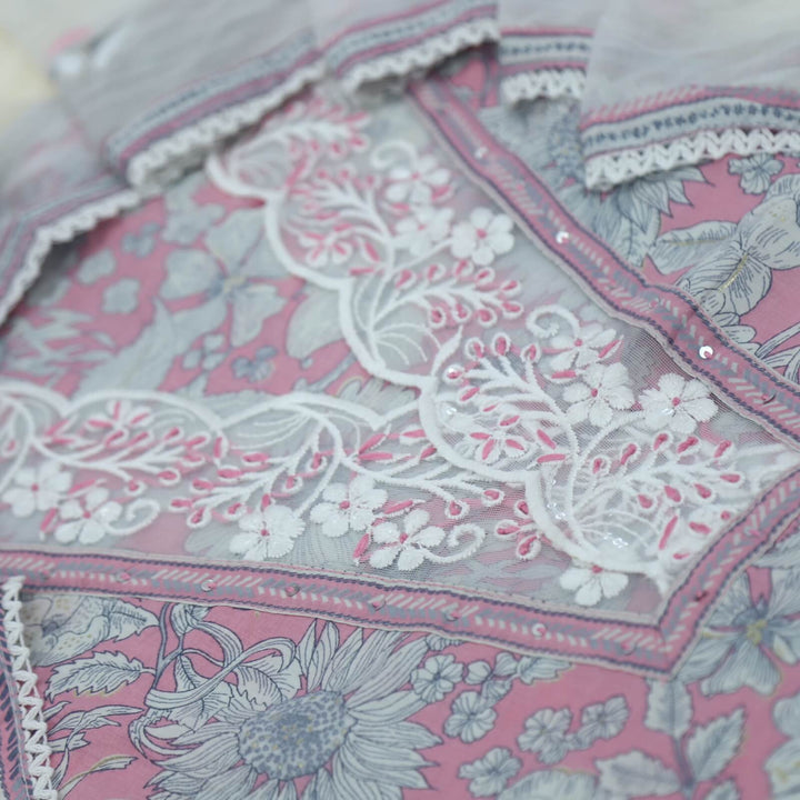 Ruhaaniyat Rosy Pink V Neck Lace Work Floral Printed Cotton Top with Hand Painted Chiffon Dupatta Set