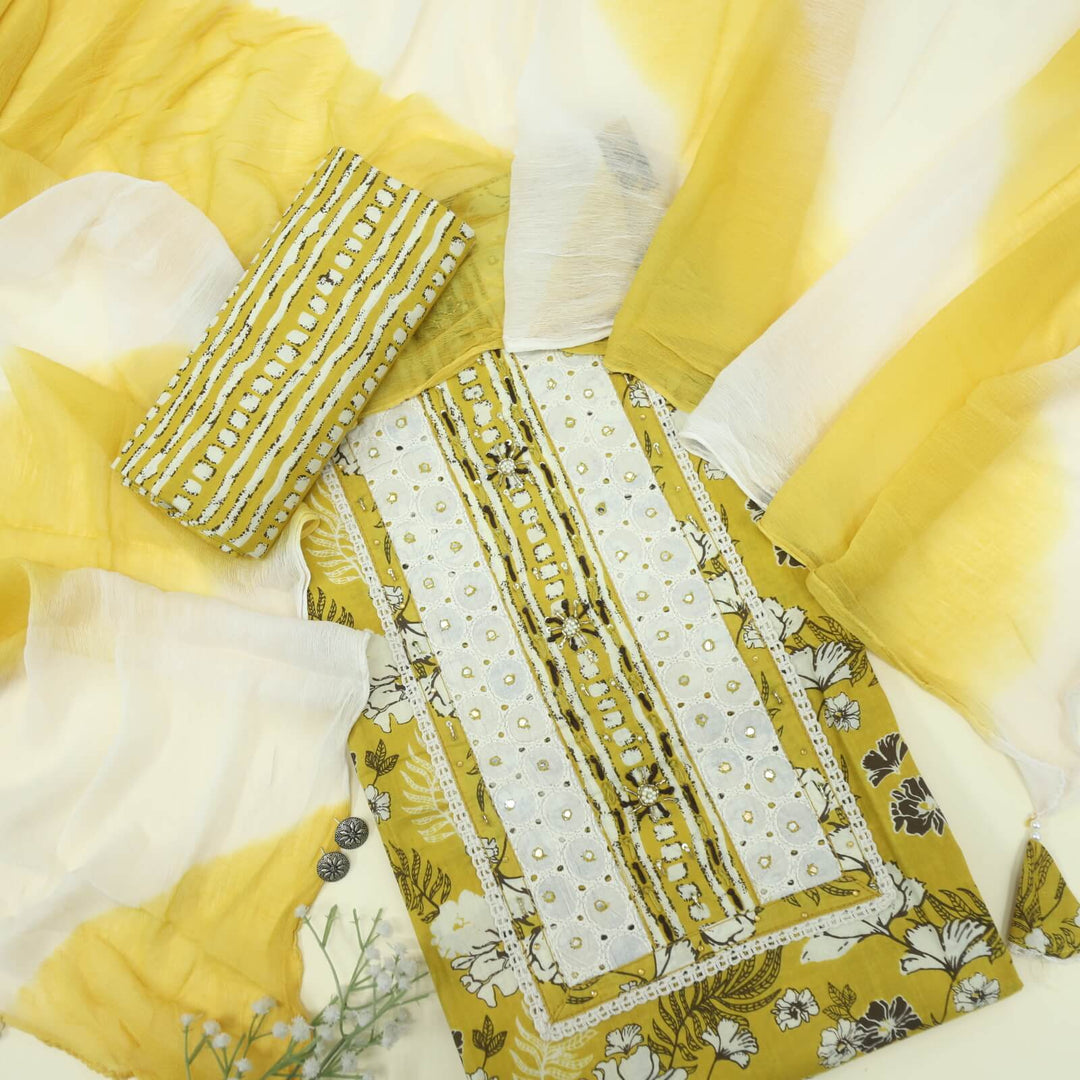 Ruhaaniyat Canary Yellow Floral Printed Cotton Top with Plain Chiffon Dupatta Set
