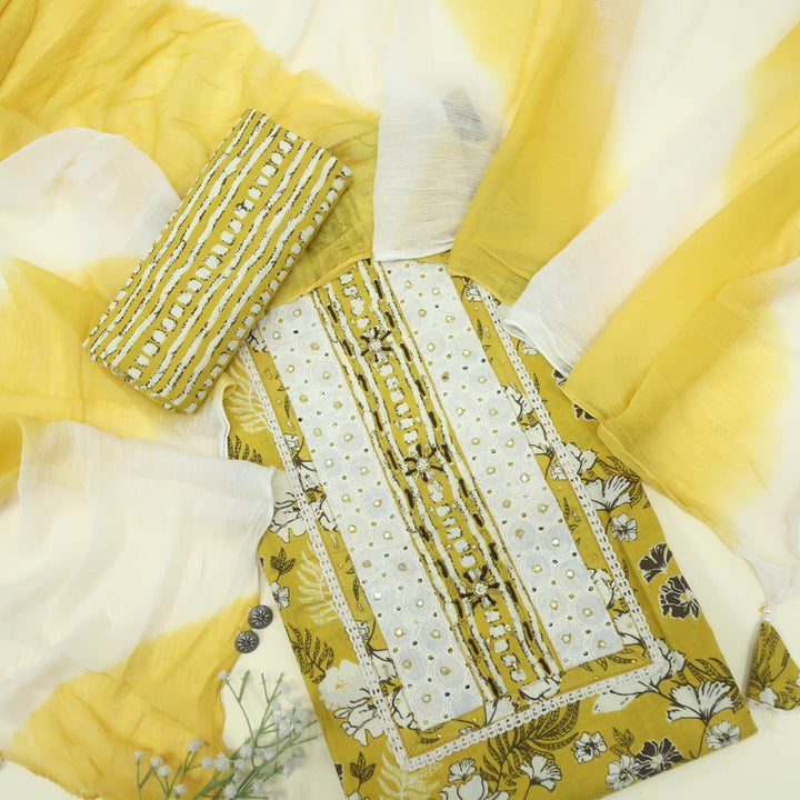Ruhaaniyat Canary Yellow Floral Printed Cotton Top with Plain Chiffon Dupatta Set