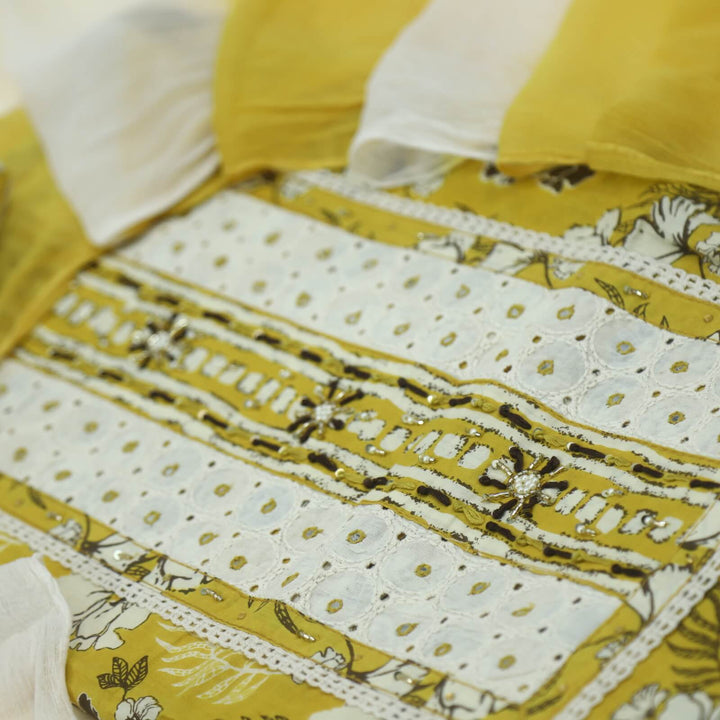 Ruhaaniyat Canary Yellow Floral Printed Cotton Top with Plain Chiffon Dupatta Set