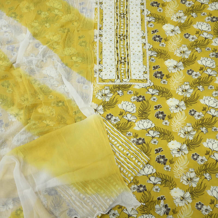 Ruhaaniyat Canary Yellow Floral Printed Cotton Top with Plain Chiffon Dupatta Set