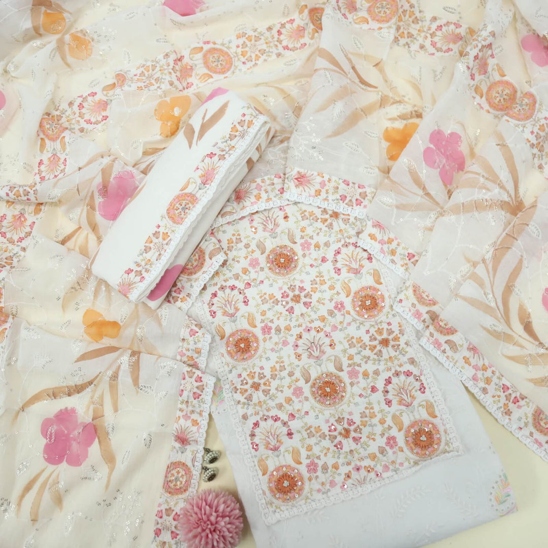 Ruhaaniyat Cream and Peach Thread Neck Work Cotton Top with Printed Cotton Dupatta Set