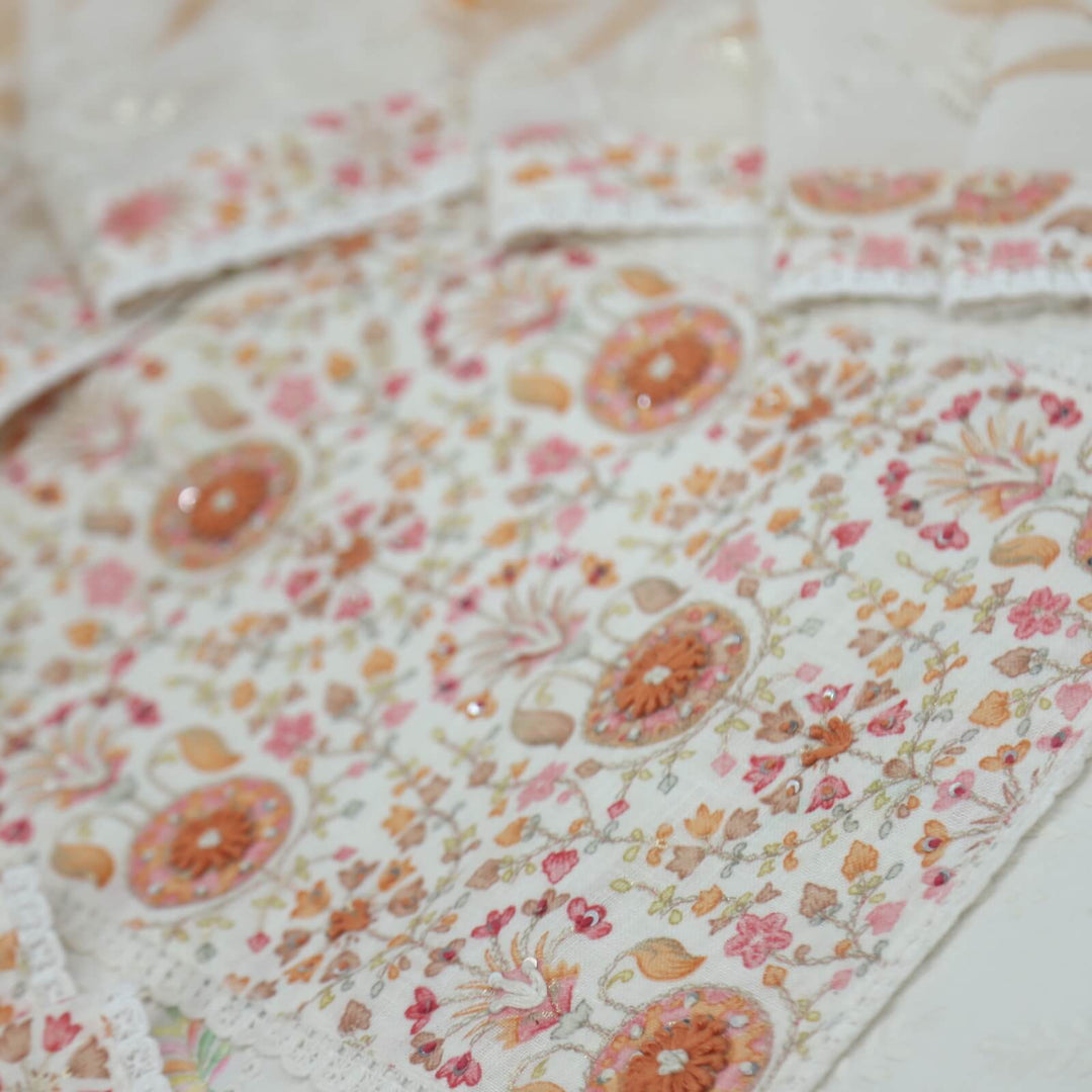 Ruhaaniyat Cream and Peach Thread Neck Work Cotton Top with Printed Cotton Dupatta Set