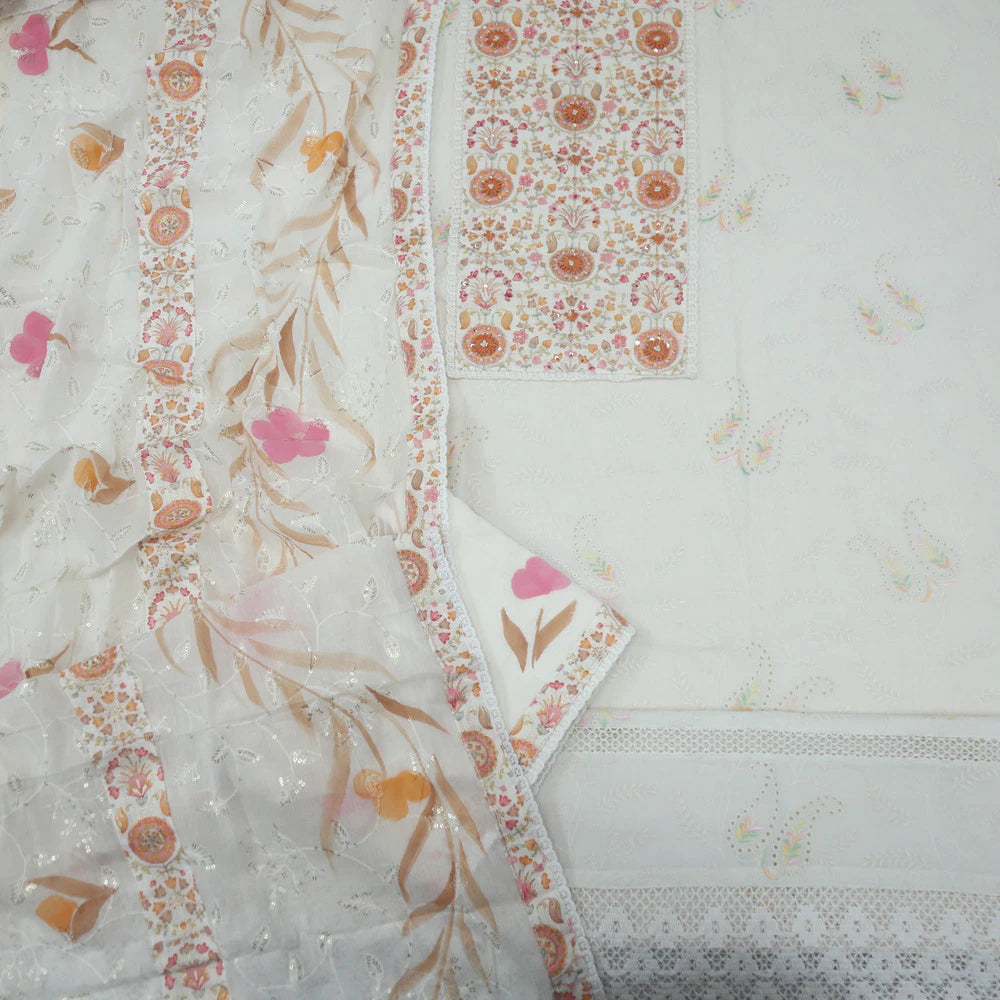 Ruhaaniyat Cream and Peach Thread Neck Work Cotton Top with Printed Cotton Dupatta Set