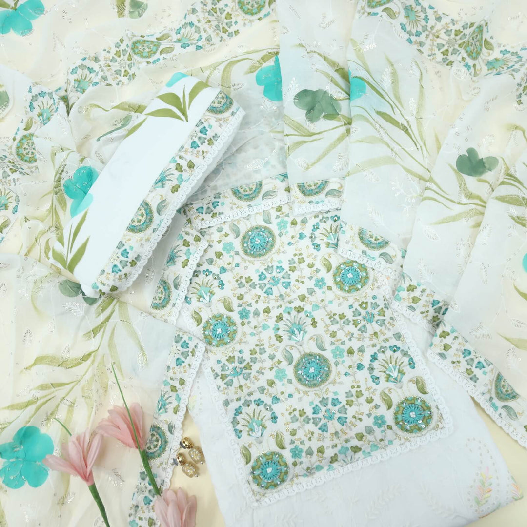 Ruhaaniyat Cream and Teal Green Thread Neck Work Cotton Top with Printed Cotton Dupatta Set