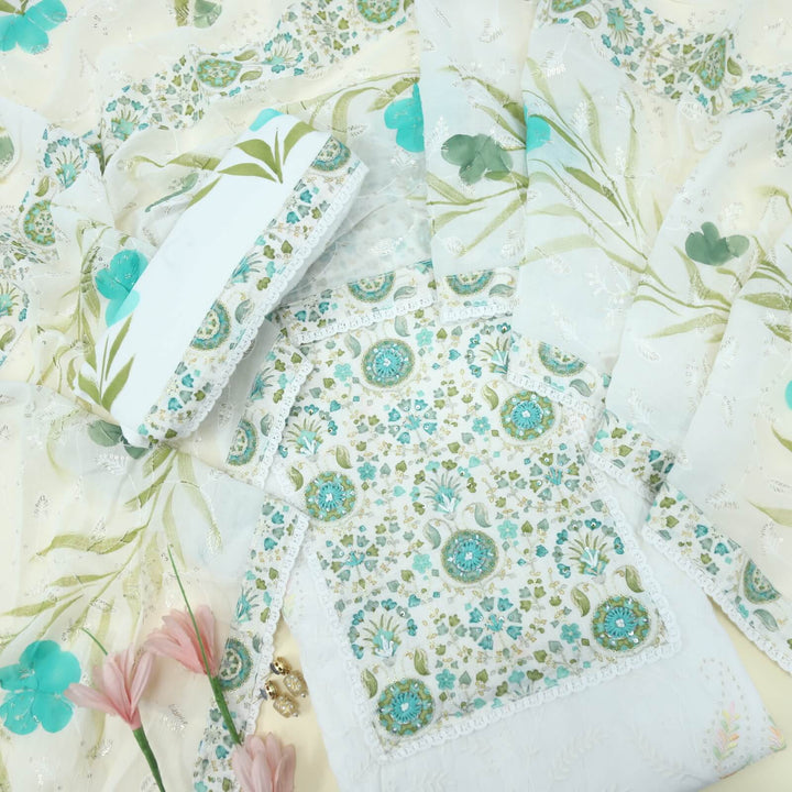 Ruhaaniyat Cream and Teal Green Thread Neck Work Cotton Top with Printed Cotton Dupatta Set