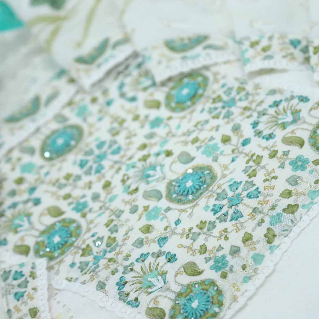 Ruhaaniyat Cream and Teal Green Thread Neck Work Cotton Top with Printed Cotton Dupatta Set