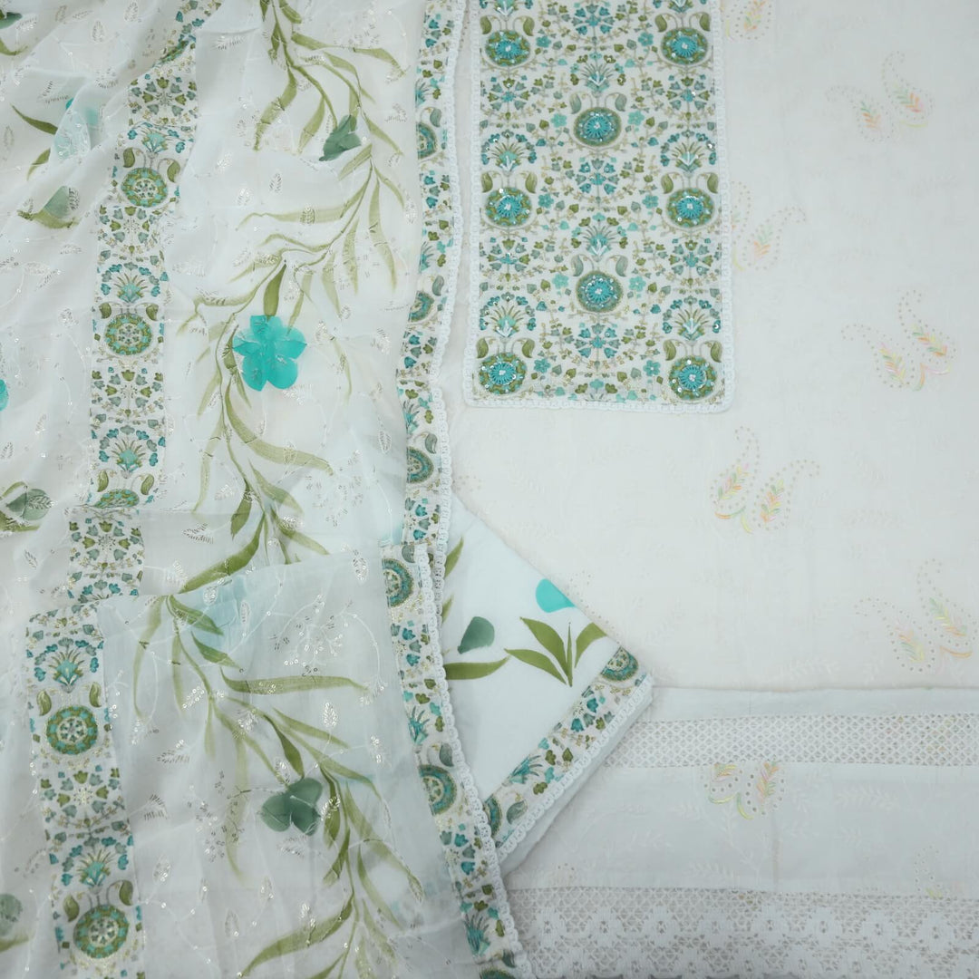Ruhaaniyat Cream and Teal Green Thread Neck Work Cotton Top with Printed Cotton Dupatta Set