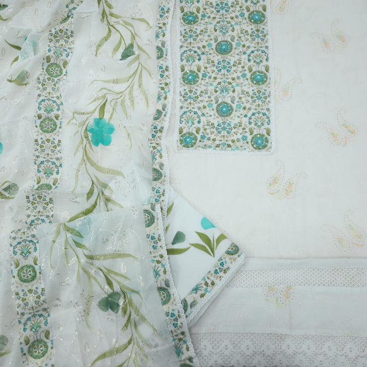 Ruhaaniyat Cream and Teal Green Thread Neck Work Cotton Top with Printed Cotton Dupatta Set