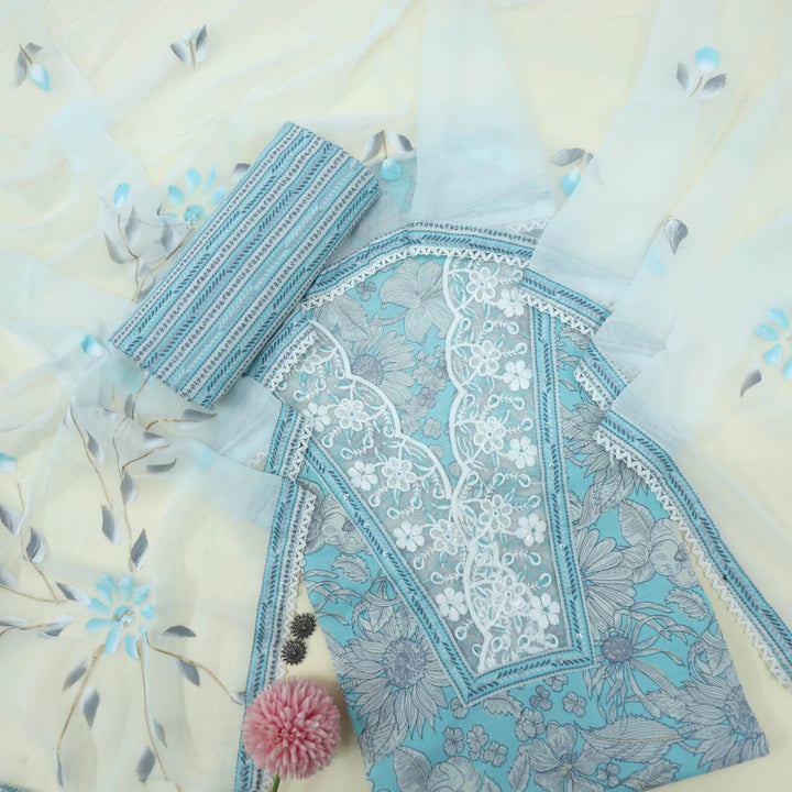 Ruhaaniyat Sky Blue V Neck Lace Work Floral Printed Cotton Top with Hand Painted Chiffon Dupatta Set