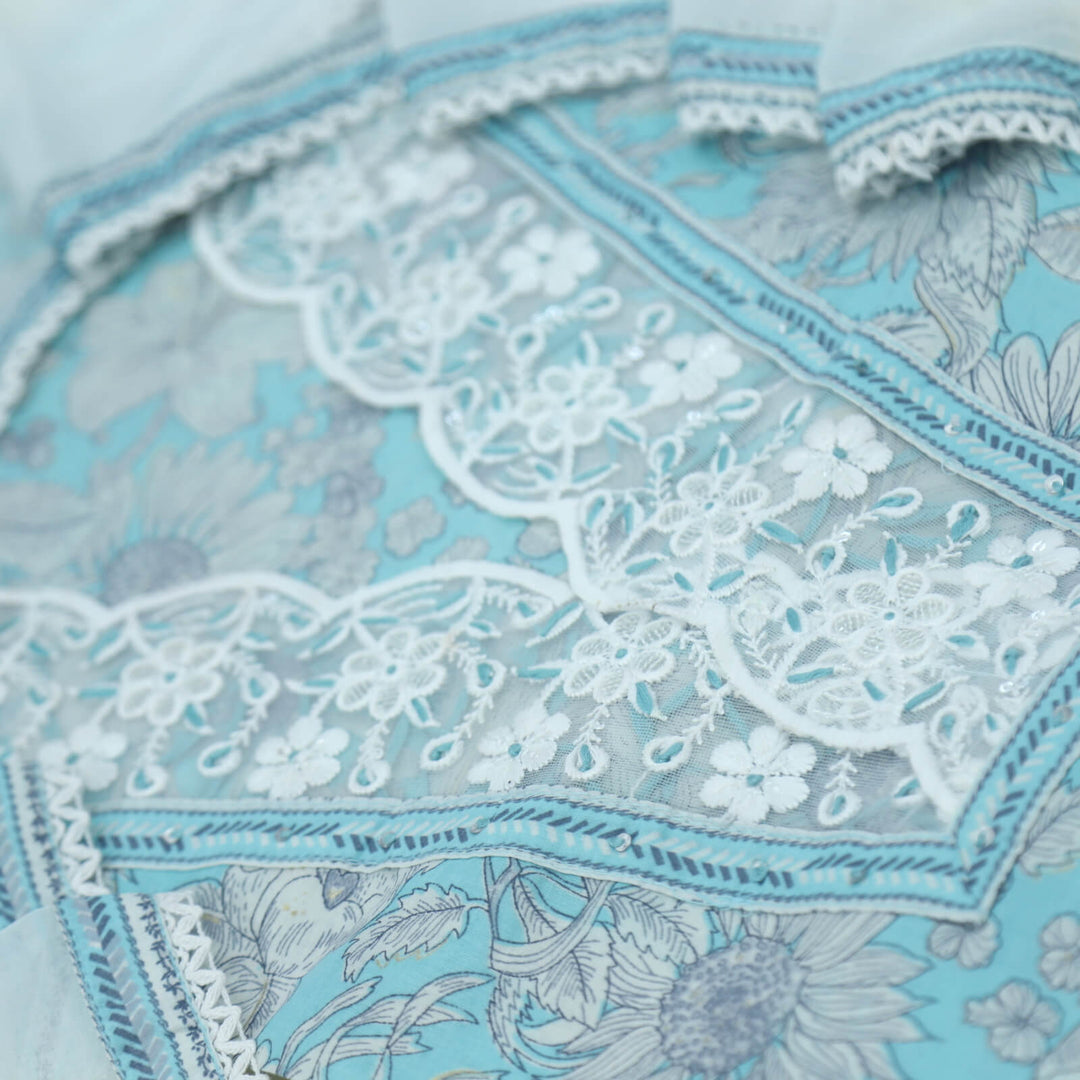 Ruhaaniyat Sky Blue V Neck Lace Work Floral Printed Cotton Top with Hand Painted Chiffon Dupatta Set