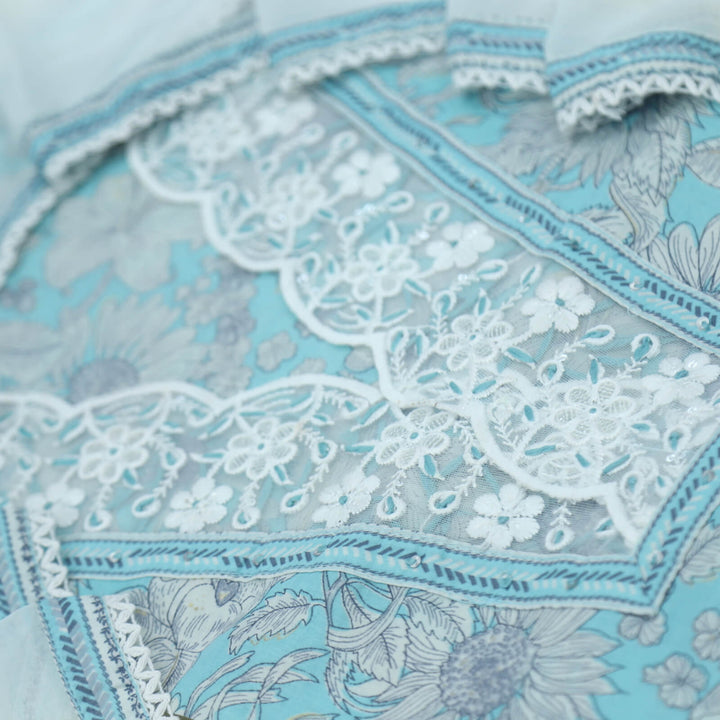 Ruhaaniyat Sky Blue V Neck Lace Work Floral Printed Cotton Top with Hand Painted Chiffon Dupatta Set