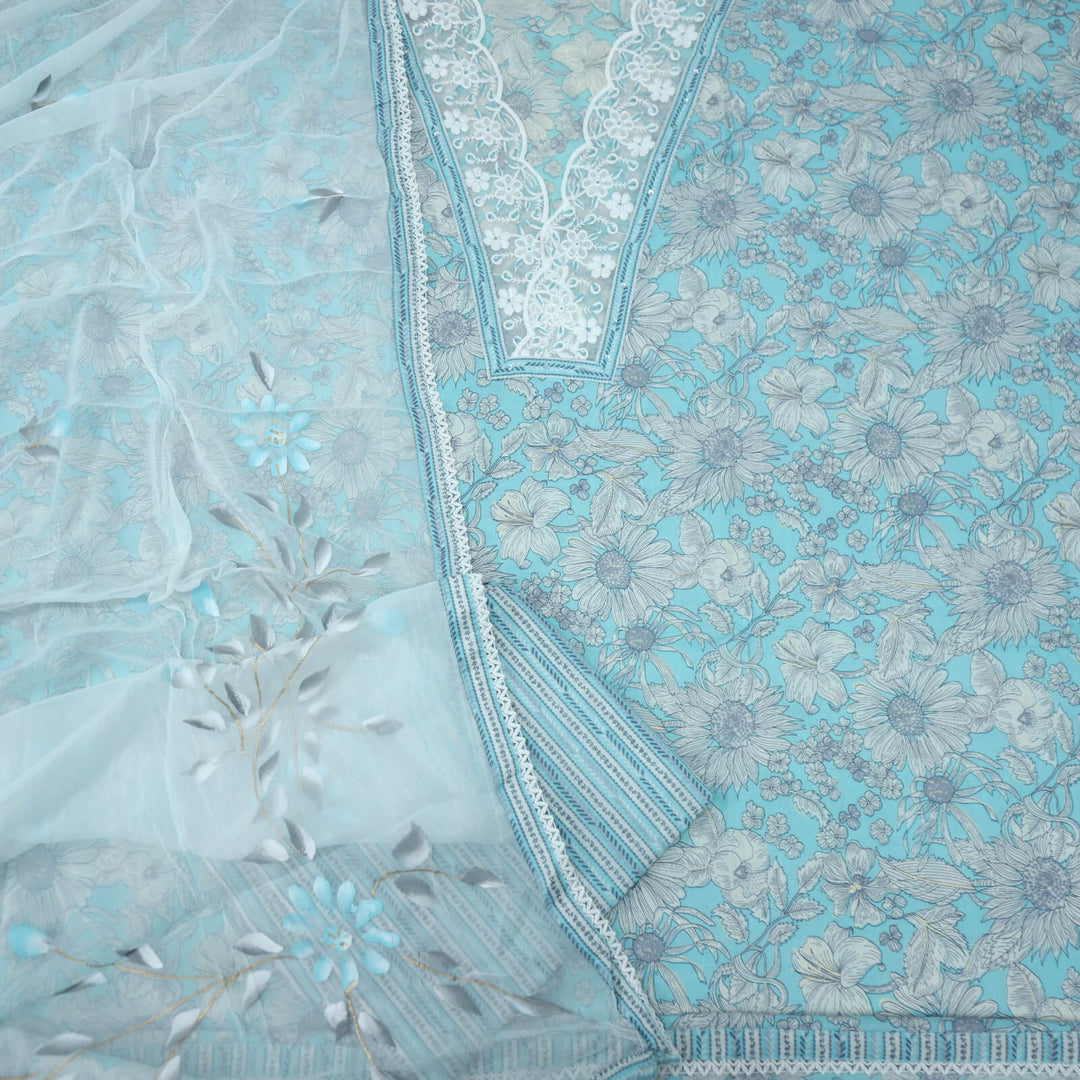 Ruhaaniyat Sky Blue V Neck Lace Work Floral Printed Cotton Top with Hand Painted Chiffon Dupatta Set