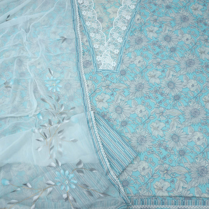 Ruhaaniyat Sky Blue V Neck Lace Work Floral Printed Cotton Top with Hand Painted Chiffon Dupatta Set