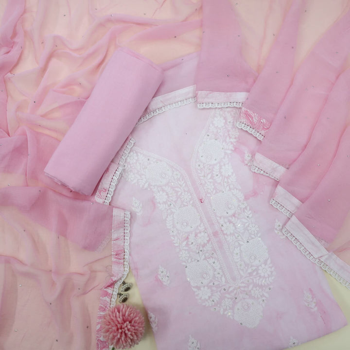 Ruhaaniyat Soft Pink Embroidered Neck Marble Digital Printed Cotton Top with Chiffon Dupatta Set
