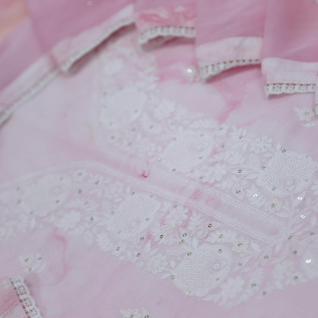Ruhaaniyat Soft Pink Embroidered Neck Marble Digital Printed Cotton Top with Chiffon Dupatta Set