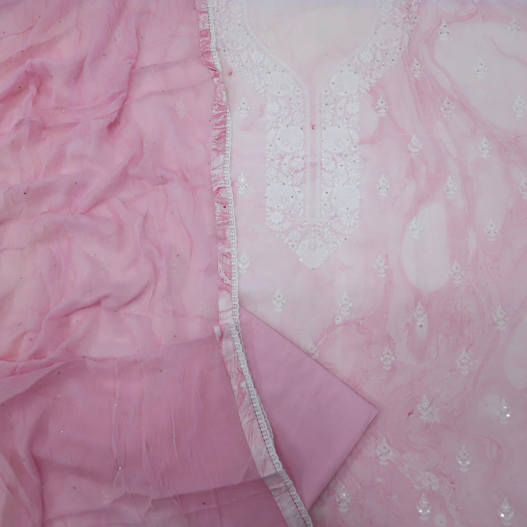 Ruhaaniyat Soft Pink Embroidered Neck Marble Digital Printed Cotton Top with Chiffon Dupatta Set