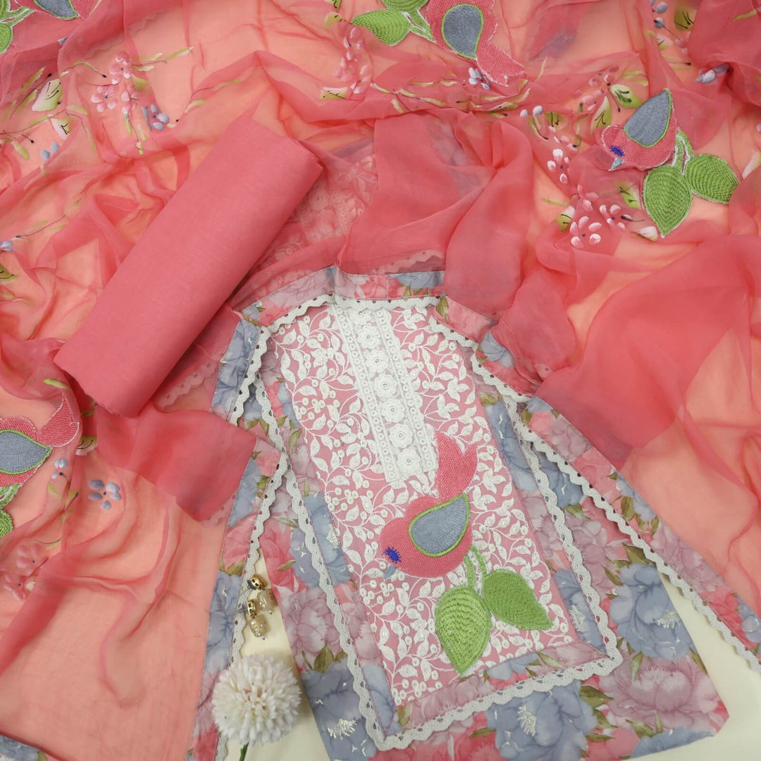 Ruhaaniyat Baby Pink Embroidered Floral Printed Cotton Top with Hand Painted Chiffon Dupatta Set