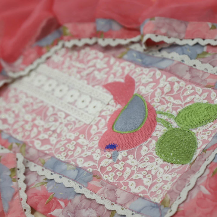 Ruhaaniyat Baby Pink Embroidered Floral Printed Cotton Top with Hand Painted Chiffon Dupatta Set