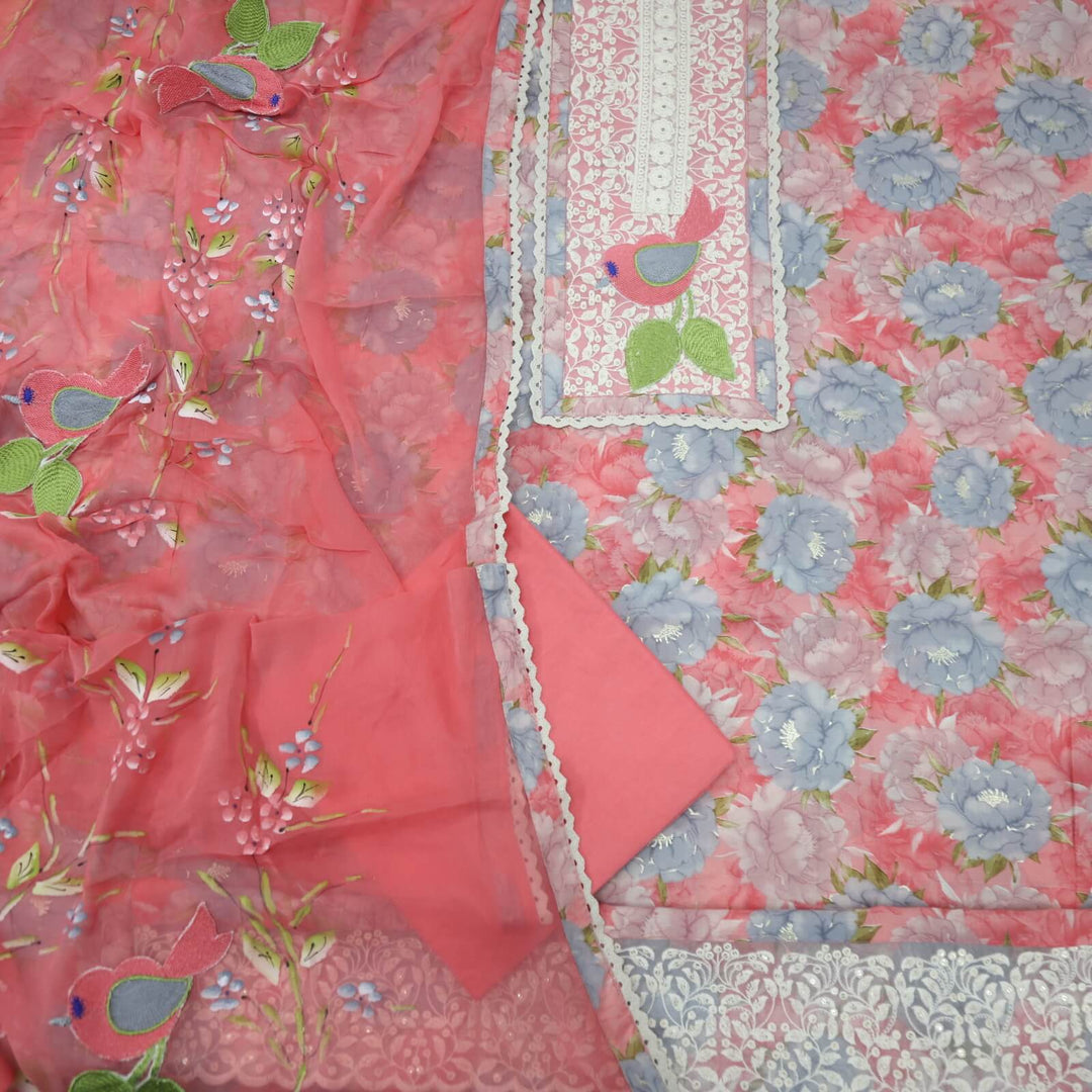 Ruhaaniyat Baby Pink Embroidered Floral Printed Cotton Top with Hand Painted Chiffon Dupatta Set