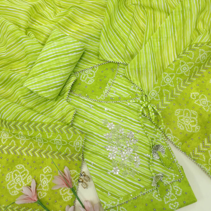 Khwaab Lime Green Leheriya Printed Angrakha  Cotton Top with Leheriya Cotton Dupatta Set