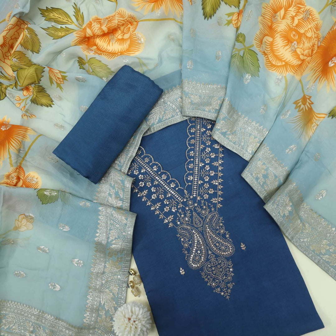 Ikhtiyar Stone Blue V Neck Dola Silk Top with Floral Printed Organza Dupatta-D2