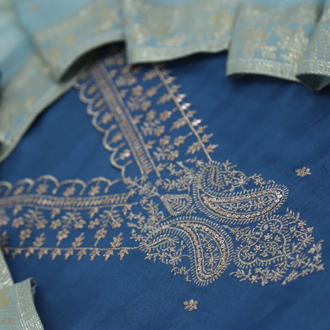 Ikhtiyar Stone Blue V Neck Dola Silk Top with Floral Printed Organza Dupatta-D2