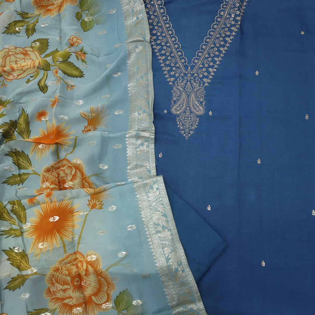 Ikhtiyar Stone Blue V Neck Dola Silk Top with Floral Printed Organza Dupatta-D2