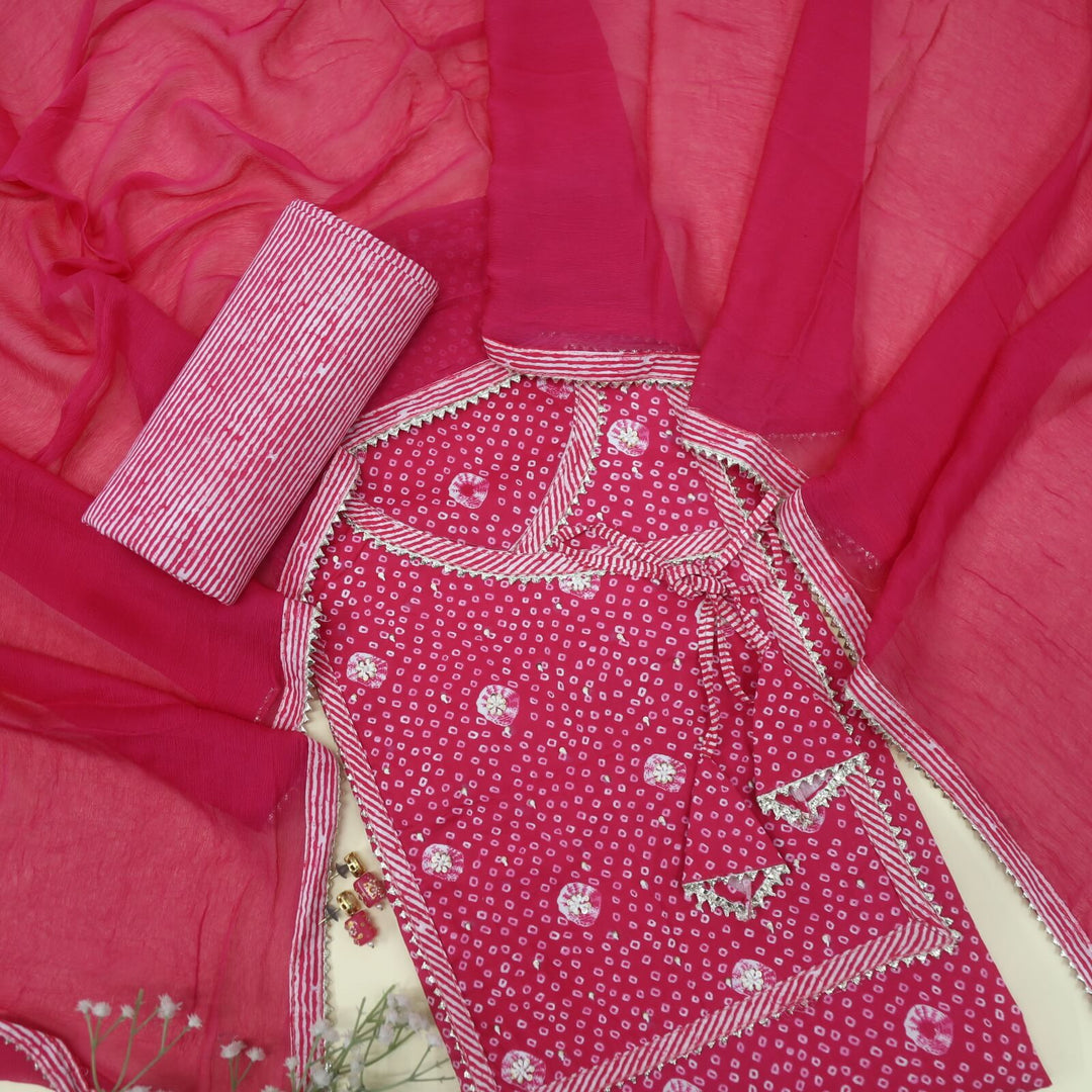 Khwaab Deep Pink Bandhani Printed Angrakha Cotton Top with Chiffon Dupatta Set
