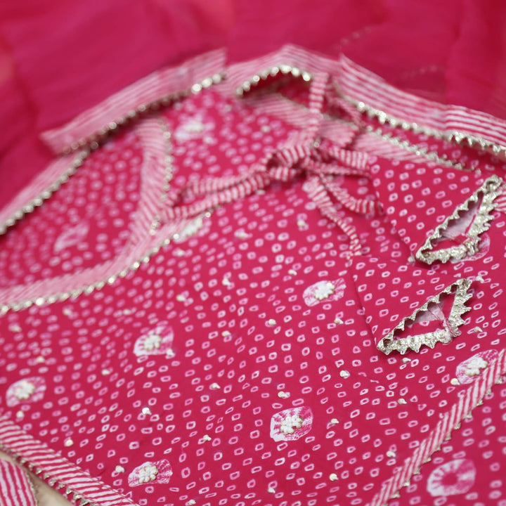 Khwaab Deep Pink Bandhani Printed Angrakha Cotton Top with Chiffon Dupatta Set