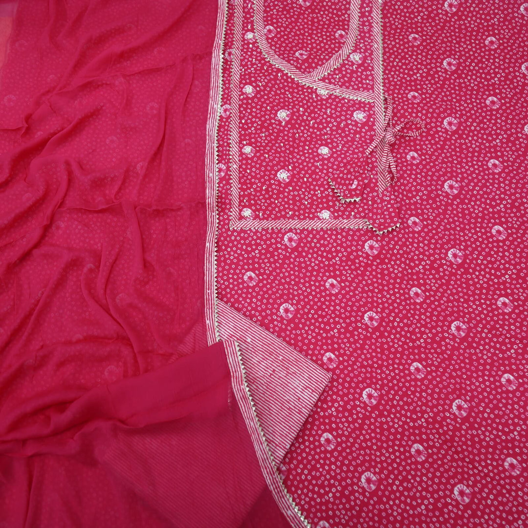 Khwaab Deep Pink Bandhani Printed Angrakha Cotton Top with Chiffon Dupatta Set