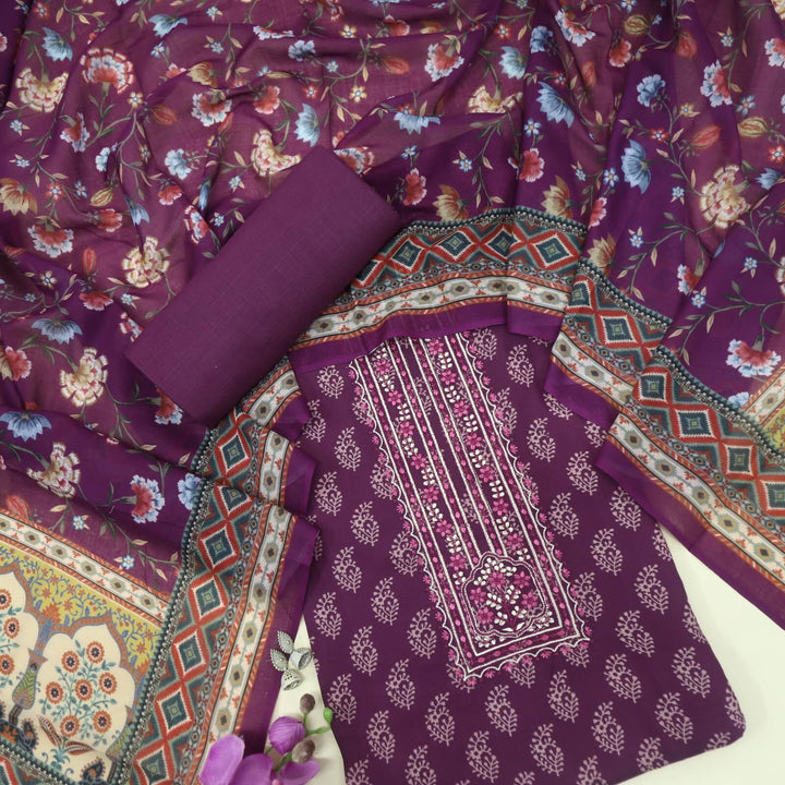 Lehjaa Grape Purple Digital Printed Rayon Top with Floral Printed Cotton Rayon Dupatta Set