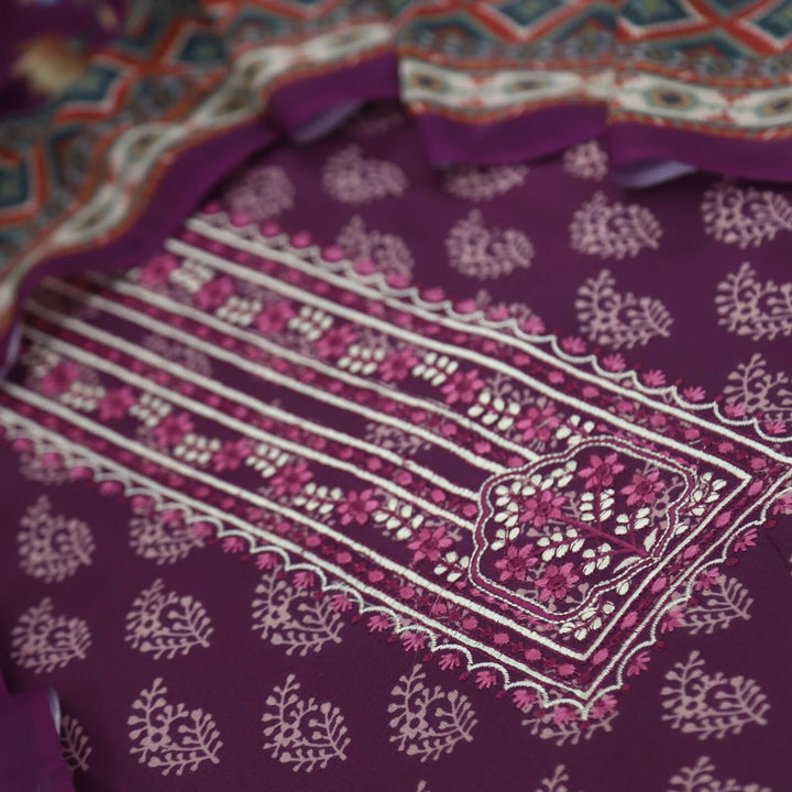 Lehjaa Grape Purple Digital Printed Rayon Top with Floral Printed Cotton Rayon Dupatta Set