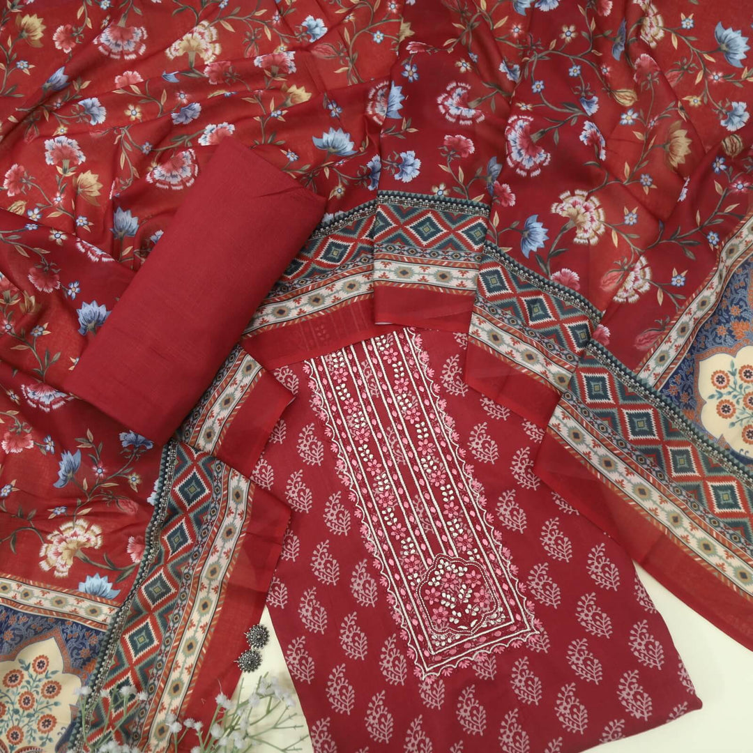 Lehjaa Carmine Red Digital Printed Rayon Top with Floral Printed Cotton Rayon Dupatta Set