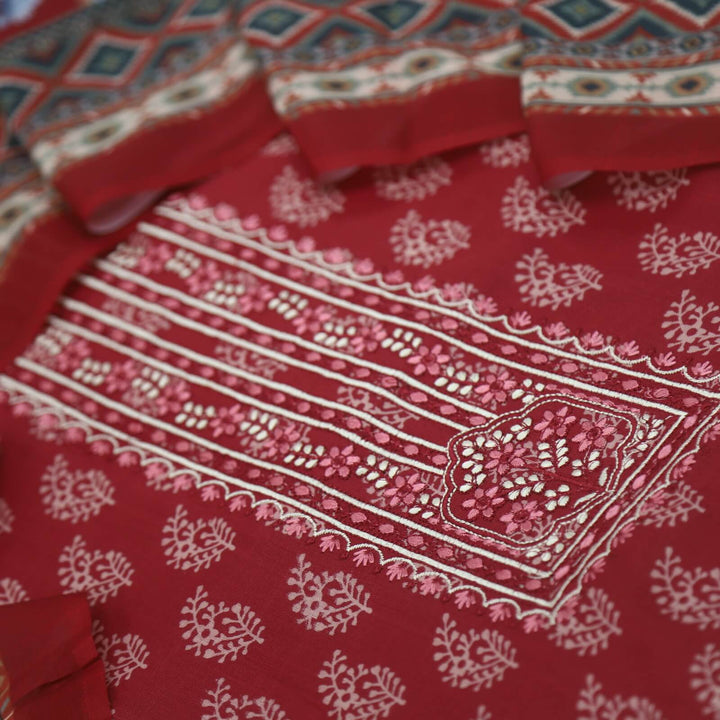 Lehjaa Carmine Red Digital Printed Rayon Top with Floral Printed Cotton Rayon Dupatta Set