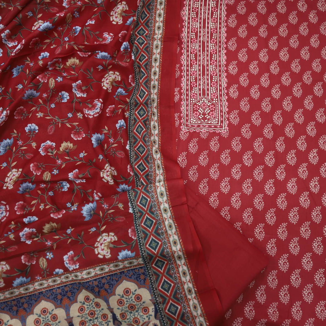 Lehjaa Carmine Red Digital Printed Rayon Top with Floral Printed Cotton Rayon Dupatta Set