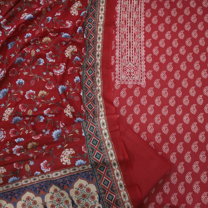 Lehjaa Carmine Red Digital Printed Rayon Top with Floral Printed Cotton Rayon Dupatta Set