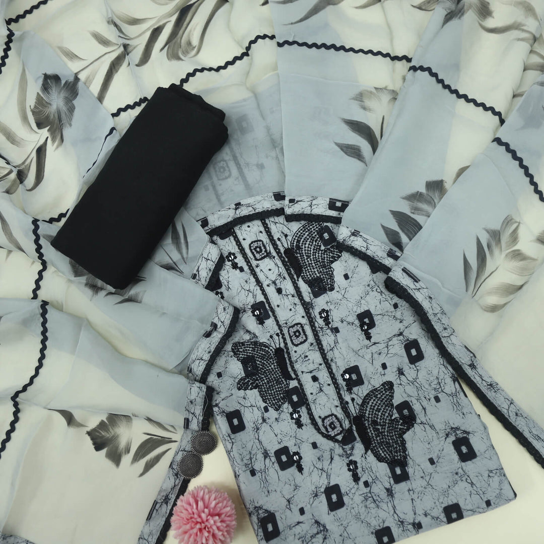 Ruhaaniyat Grey and Black Moti Work Printed Chanderi Top with Printed Organza Dupatta Set-D2