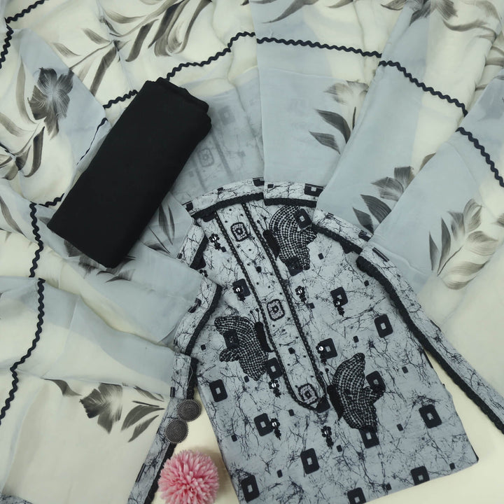 Ruhaaniyat Grey and Black Moti Work Printed Chanderi Top with Printed Organza Dupatta Set-D2