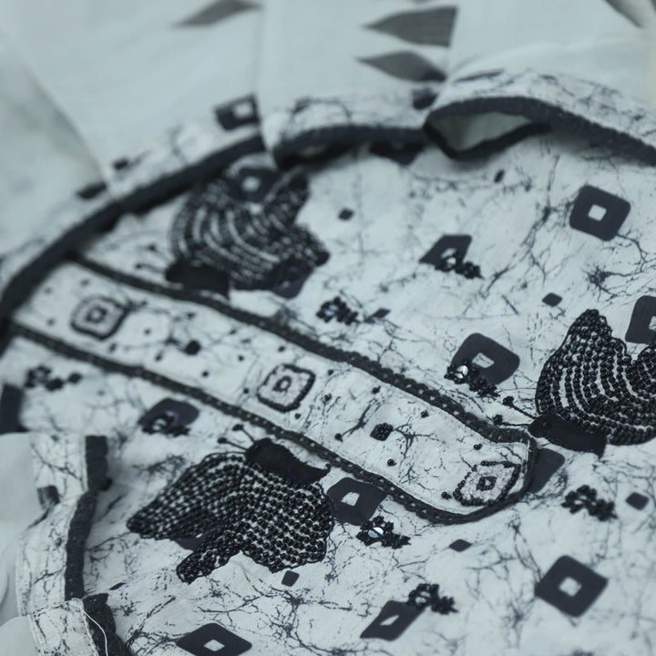 Ruhaaniyat Grey and Black Moti Work Printed Chanderi Top with Printed Organza Dupatta Set-D2