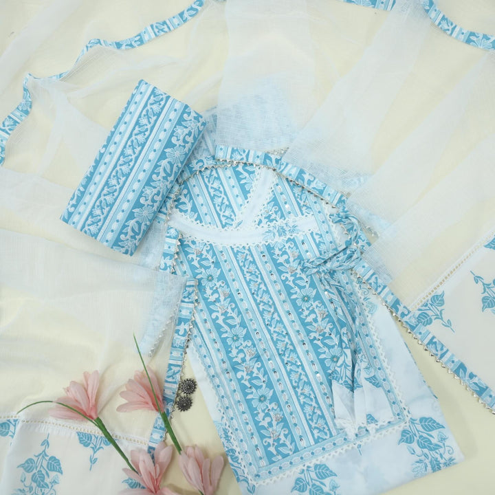 Khwaab White and Sky Blue Floral Printed Angrakha Cotton Top with Semi Cotton and Kota Dupatta Set